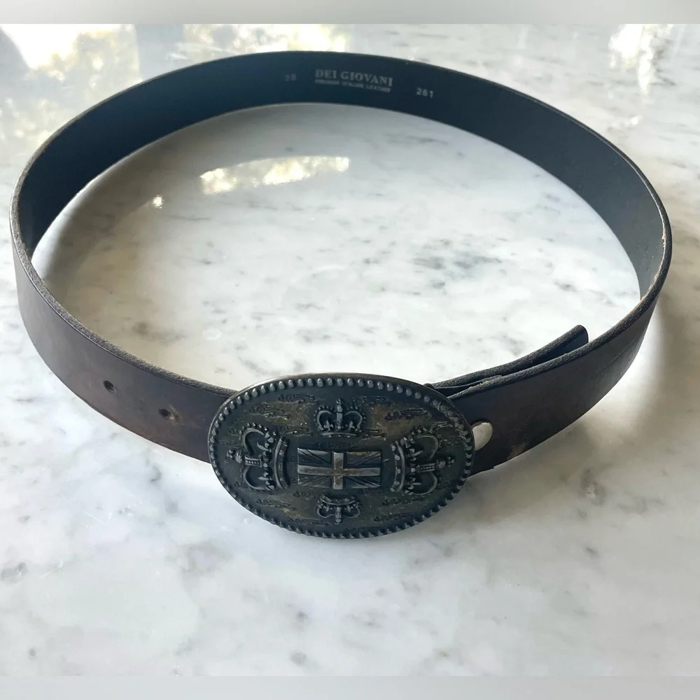 Dei Giovani Italian leather belt, drk brown, brass buckle Union Jack crowns, 36”